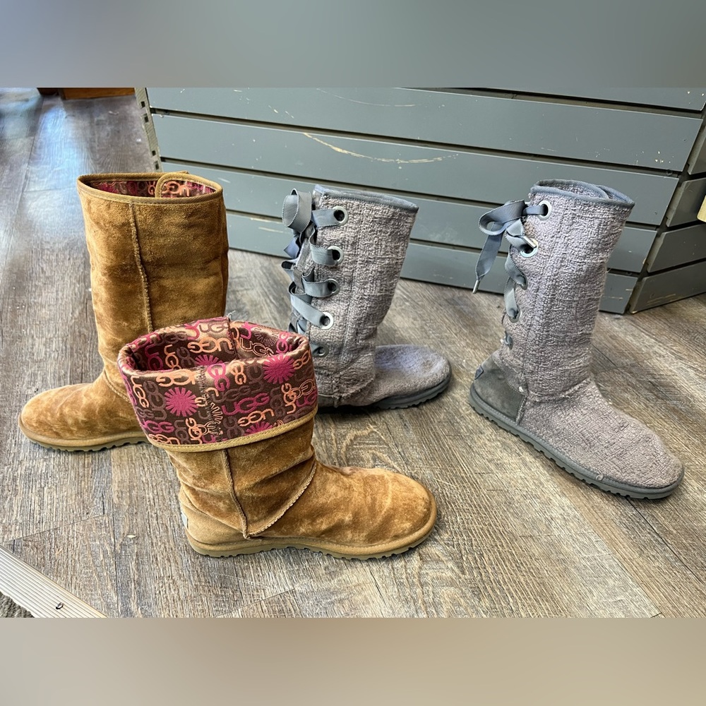 2 pairs of size 6 Uggs - gray Heirloom lace ups and Lo Pro Chestnut boots